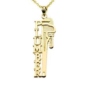 14K Solid Gold Gold Plumber Tool Wrench Pendant Necklace - Yellow, Rose, White